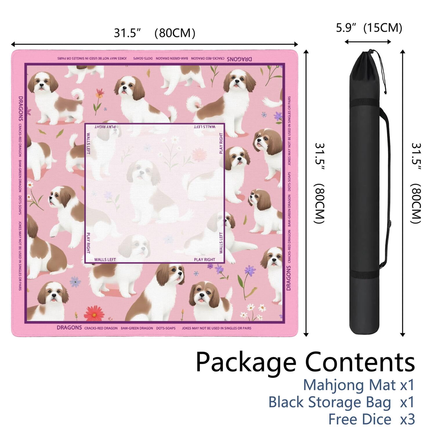 Pink Mahjong Mat with Rules, 31.5*31.5in Anti Slip American Mahjong Mat for Table, Noise Reduction, Neoprene Mah jongg Mats with Carrying Bag & 3 Dices, Mahjong Supplies Gift, Board Tile Games Mats