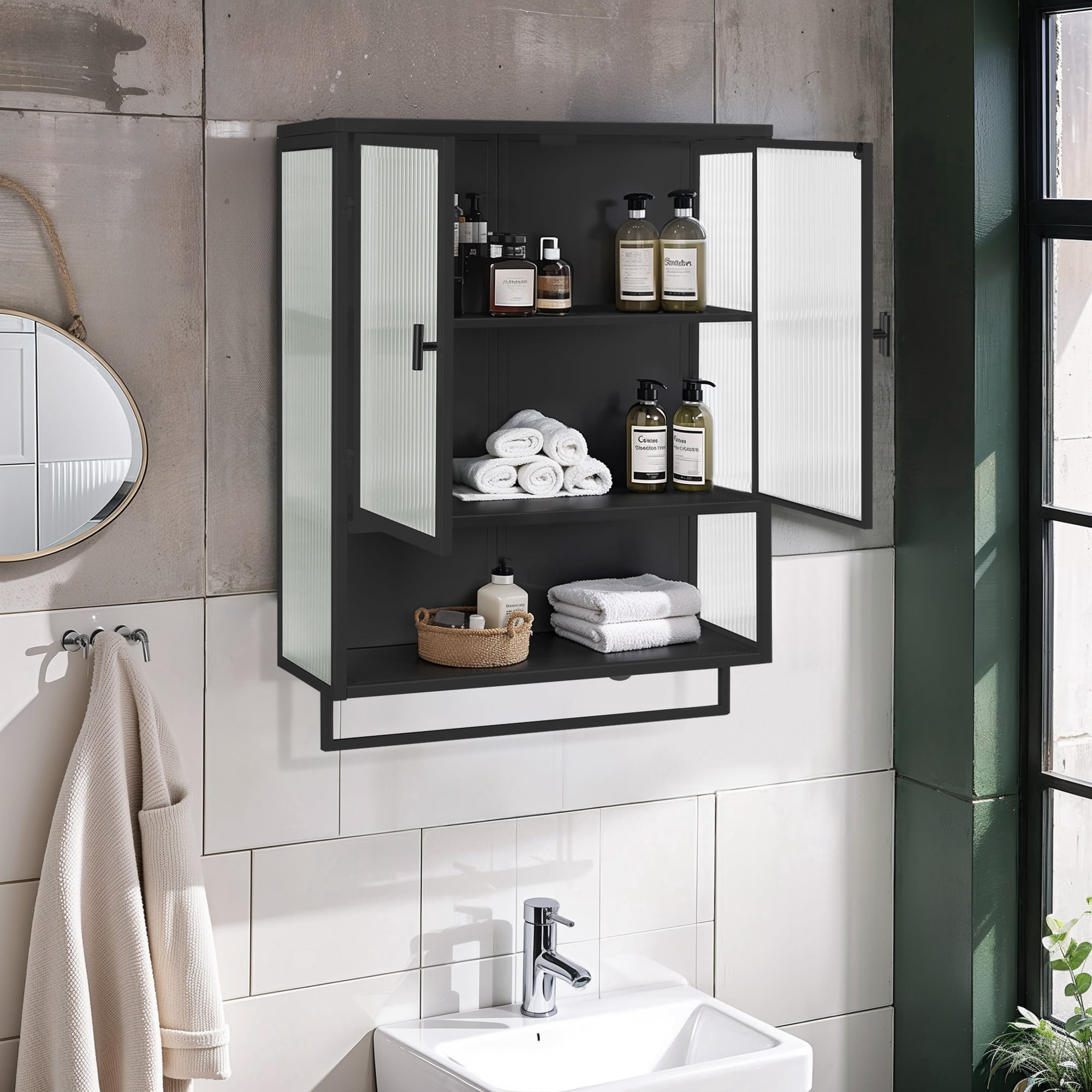 23.62"Wall Cabinet with Tempered Glass Doors, Bathroom Wall Storage Cabinet with Detachable Shelves for Office, Dining, Living Room, Kitchen and Bathroom, Black