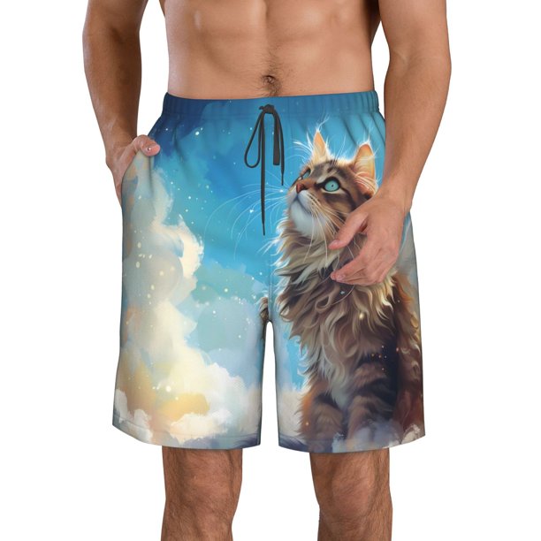 Fotbe Blue Sky Winged Cat Trajes de Baño Estampados para Hombre, Shorts de Verano de Secado Rápido, Ropa de Playa, Bañadores-Small