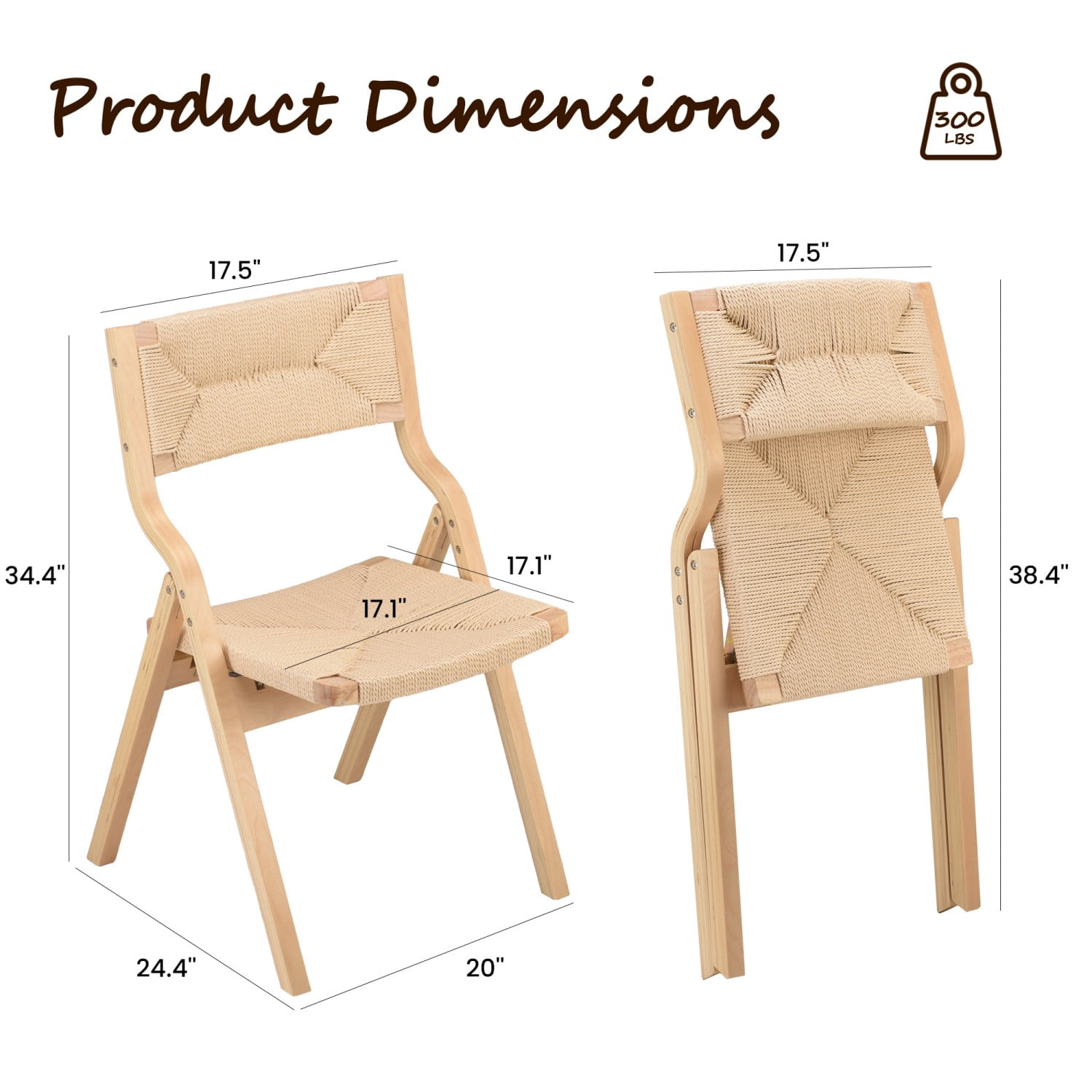Folding Dining Chairs Set of 2, Wooden Foldable Chairs with Woven Seat & Webbing Back, Space-Saving Kitchen & Dining Room Chairs, Natural