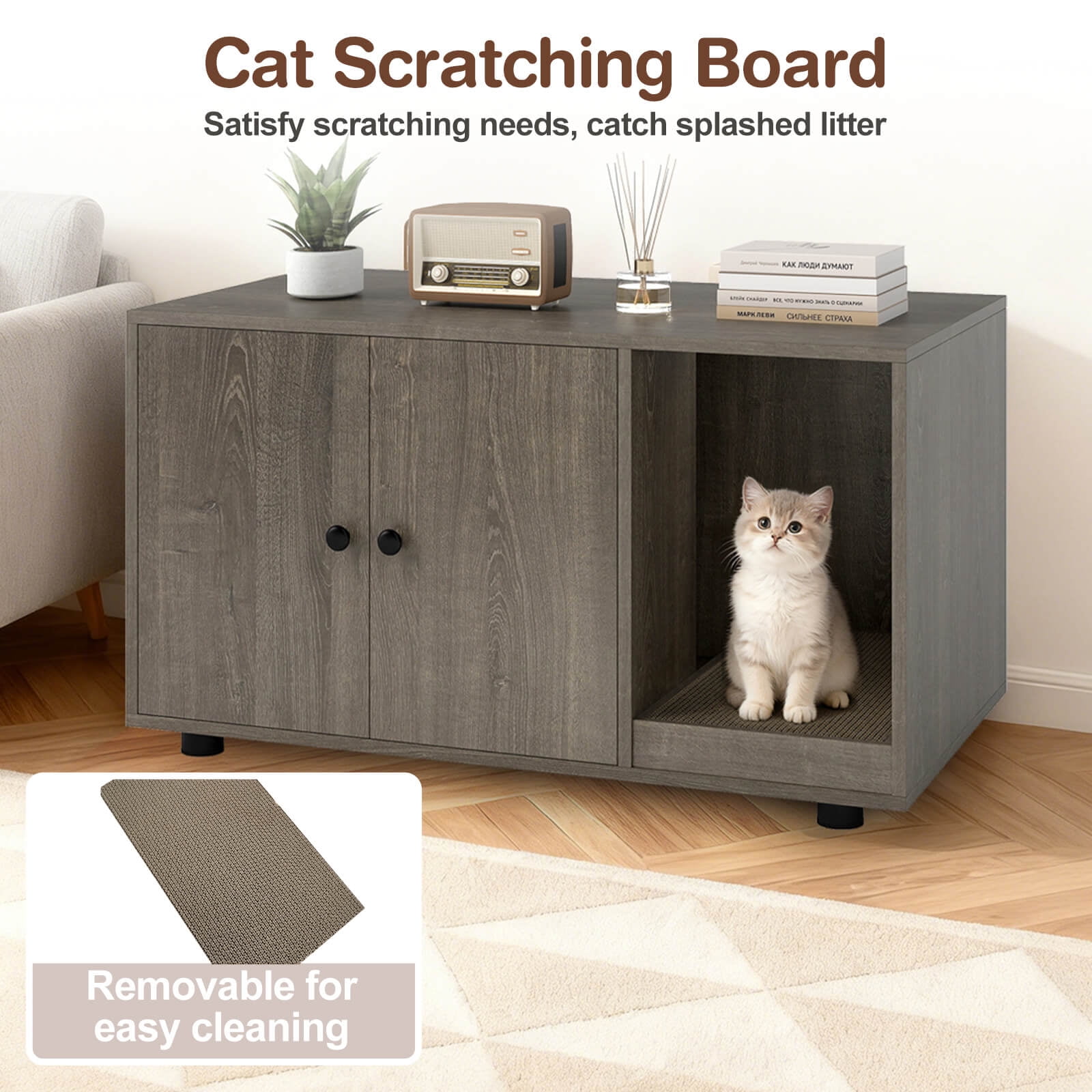 Costway Wooden Cat Litter Box Enclosure, Hidden Litter Box Furniture with Scratching Board Oak