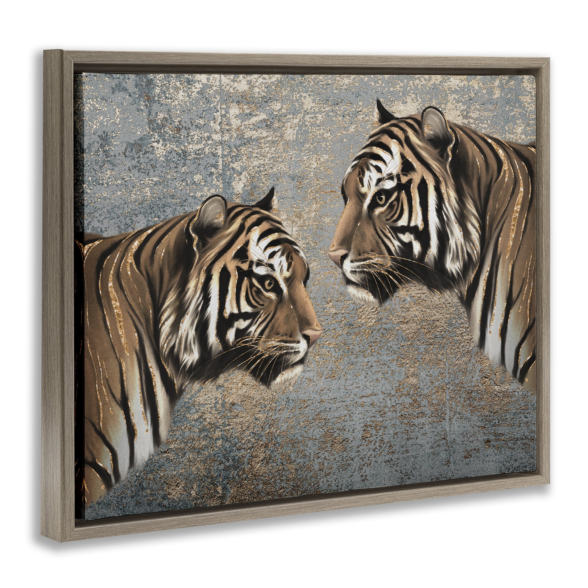 Stupell Industries Mirrored Tiger Duo Animals Painting Brown Floater Framed Canvas Art Print Wall Art, 21 x 17