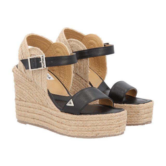 Sandalia De Plataforma Argelia Con Yute Natural Cabra Piel Negro Con Látigo Ajustable Para Mujer