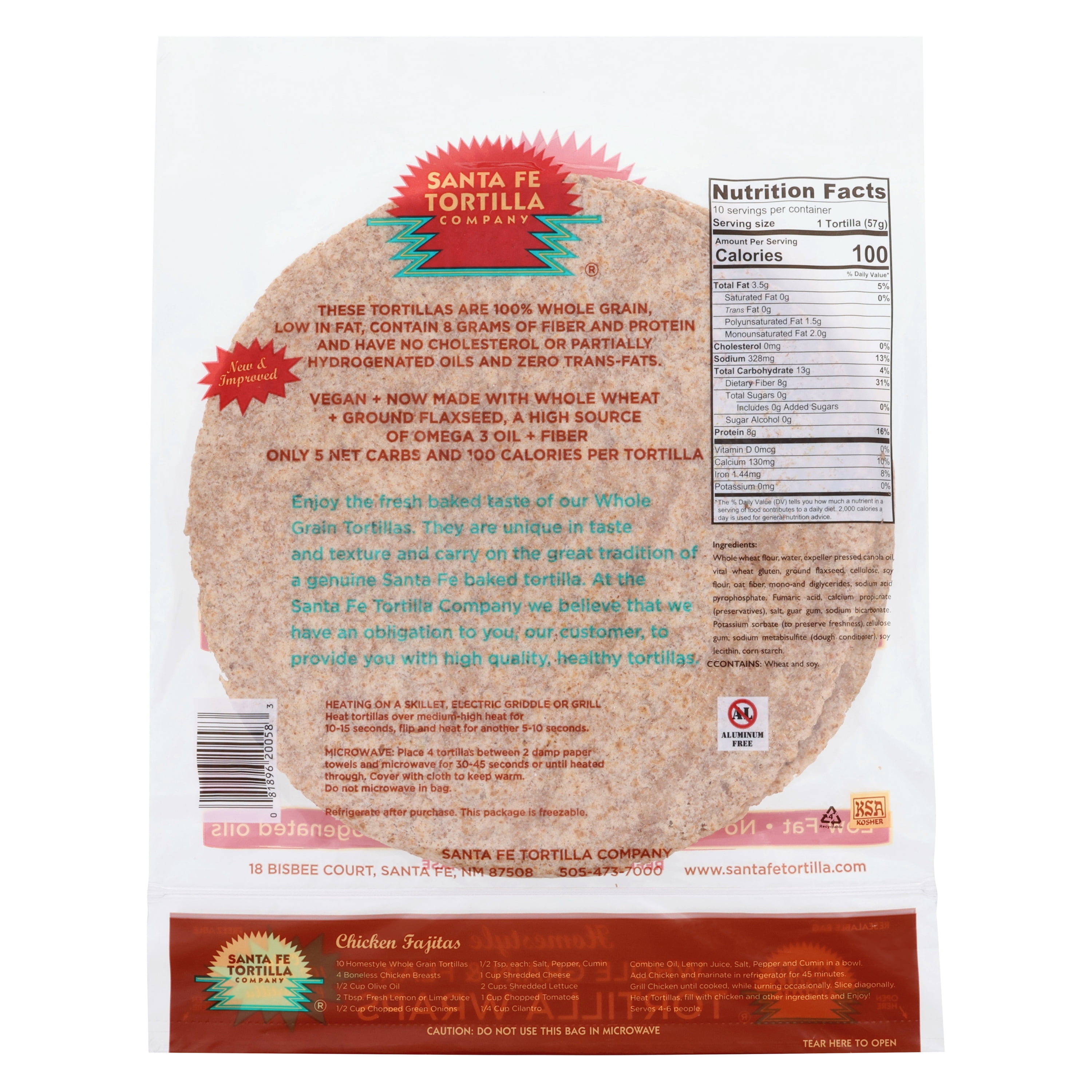 Santa Fe Tortilla Company 10" Homestyle Whole Grain Flax Tortillas, 20 Count (40 oz)