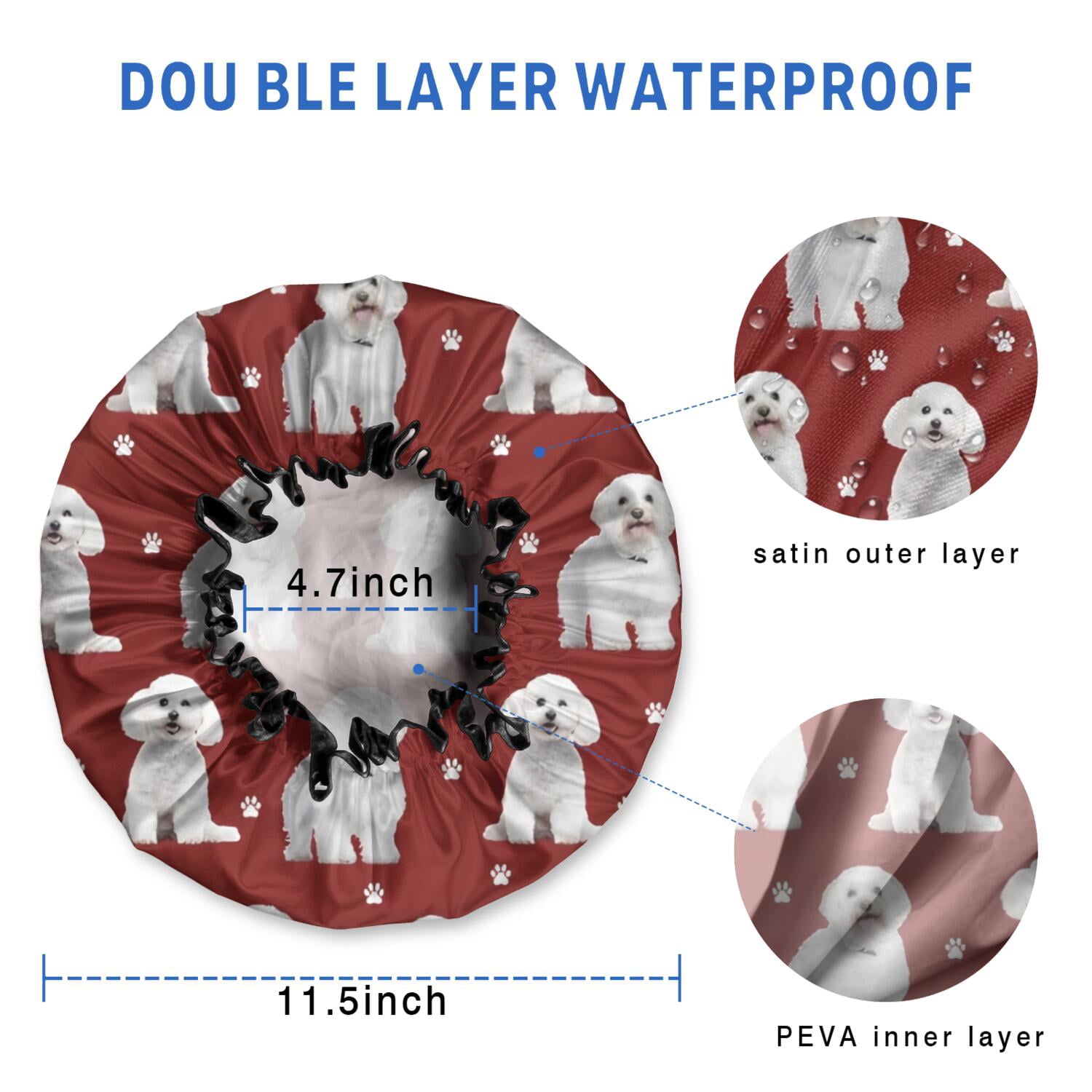 Shower Caps,Pink Bichon Frise Waterproof Shower Cap for Women 4 Pieces,Double Reusable Hair Cover for Shower PEVA Elastic Stretch Hem