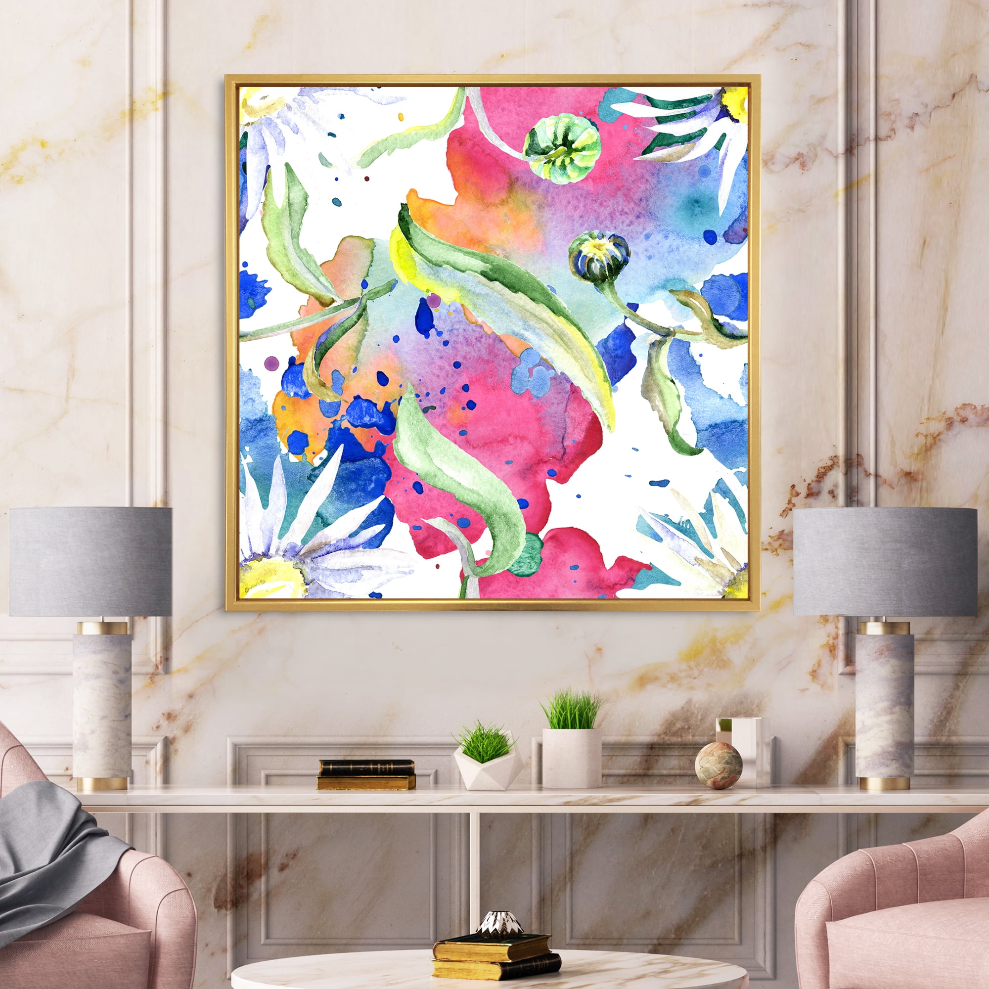 Iridescent Colorful Daisy Flowers 16 in x 16 in Framed Painting Canvas Art Print, by Designart