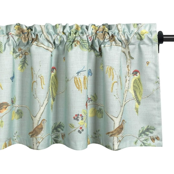 Blue Kitchen Valances for Windows, Birds and Trees Printed Pattern Country Rustic Style Rod Pocket Curtains Valance for Guest Room Bathroom, One Panel, 54 x 18 Inches