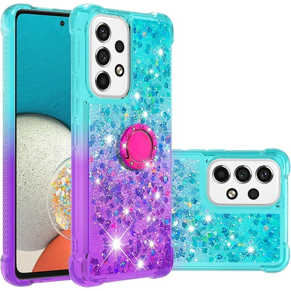 Clear Case for Samsung Galaxy A23 5G/4G with Ring Kickstand, Bling Gradient Quicksand Glitter Flowing Liquid Floating Case Cover for Samsung Galaxy A23 JB Bluish Violet