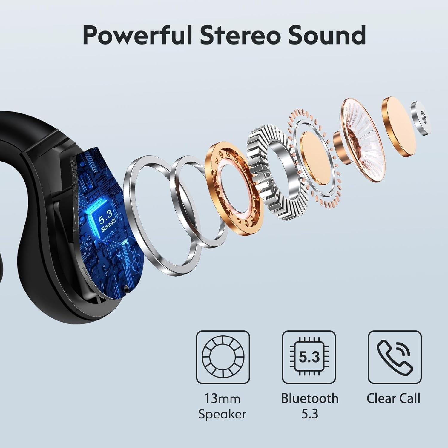 Open Ear Clip-On Earbuds, Wireless Bluetooth Headphones, Comfortable Wear Nice Secure Fit Earphones, Long Playtime, Digital Display Charging Case, Born for Sports (Black)