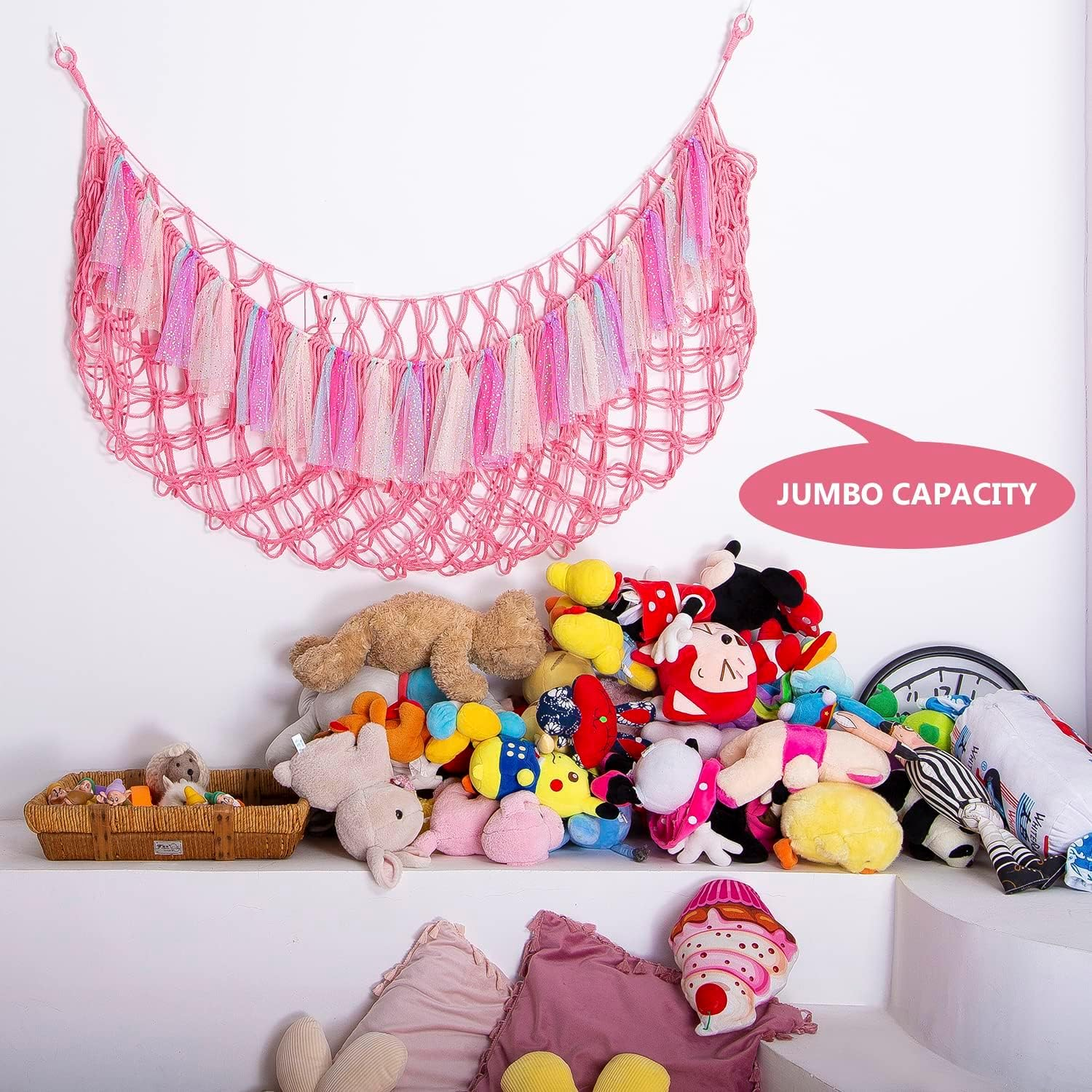 Large Stuffed Animal Hammock with Light Wall Mounted- Squishmallow Hammock Plushies Net Stuff Toy Organizer Boho Macrame Toy Hammock Corner Hanging Net for Nursery Storage Bedroom Playroom Decor-Pink