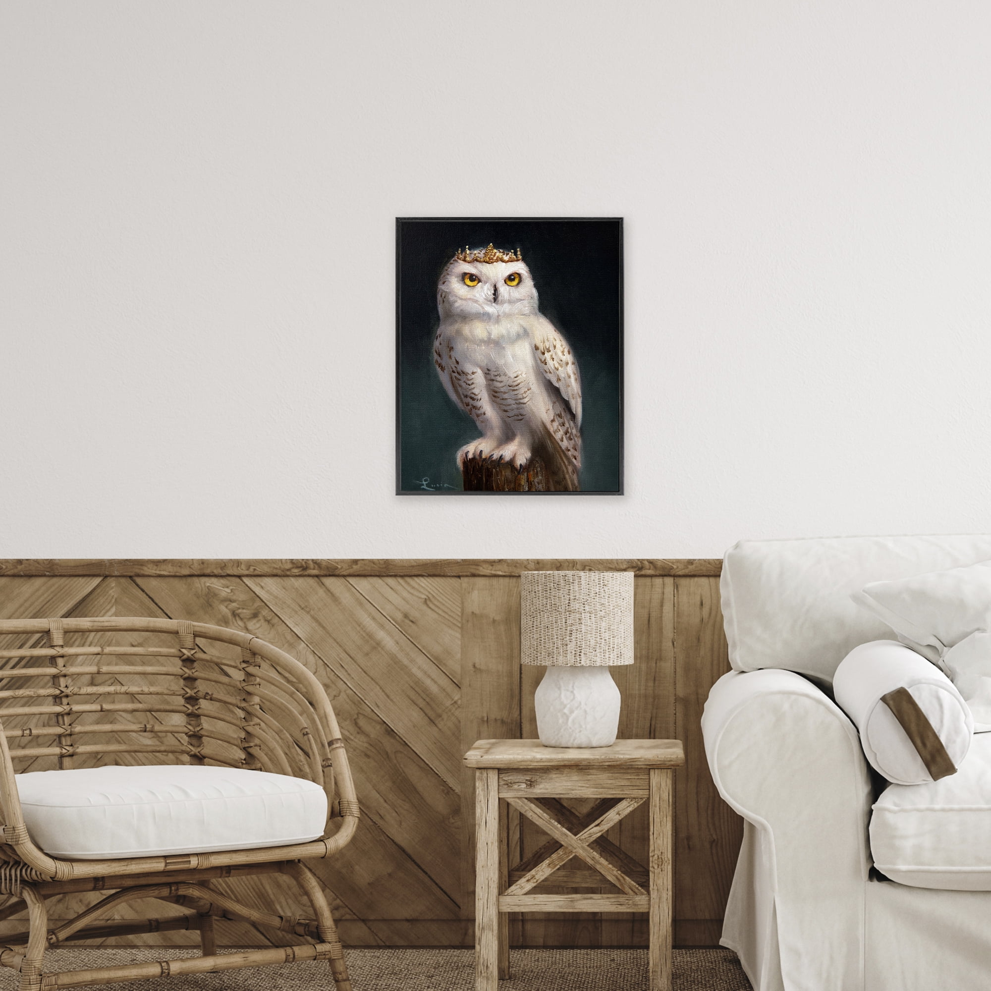 Snowy Owl King Black Framed Giclee Art, design by Lucia Heffernan