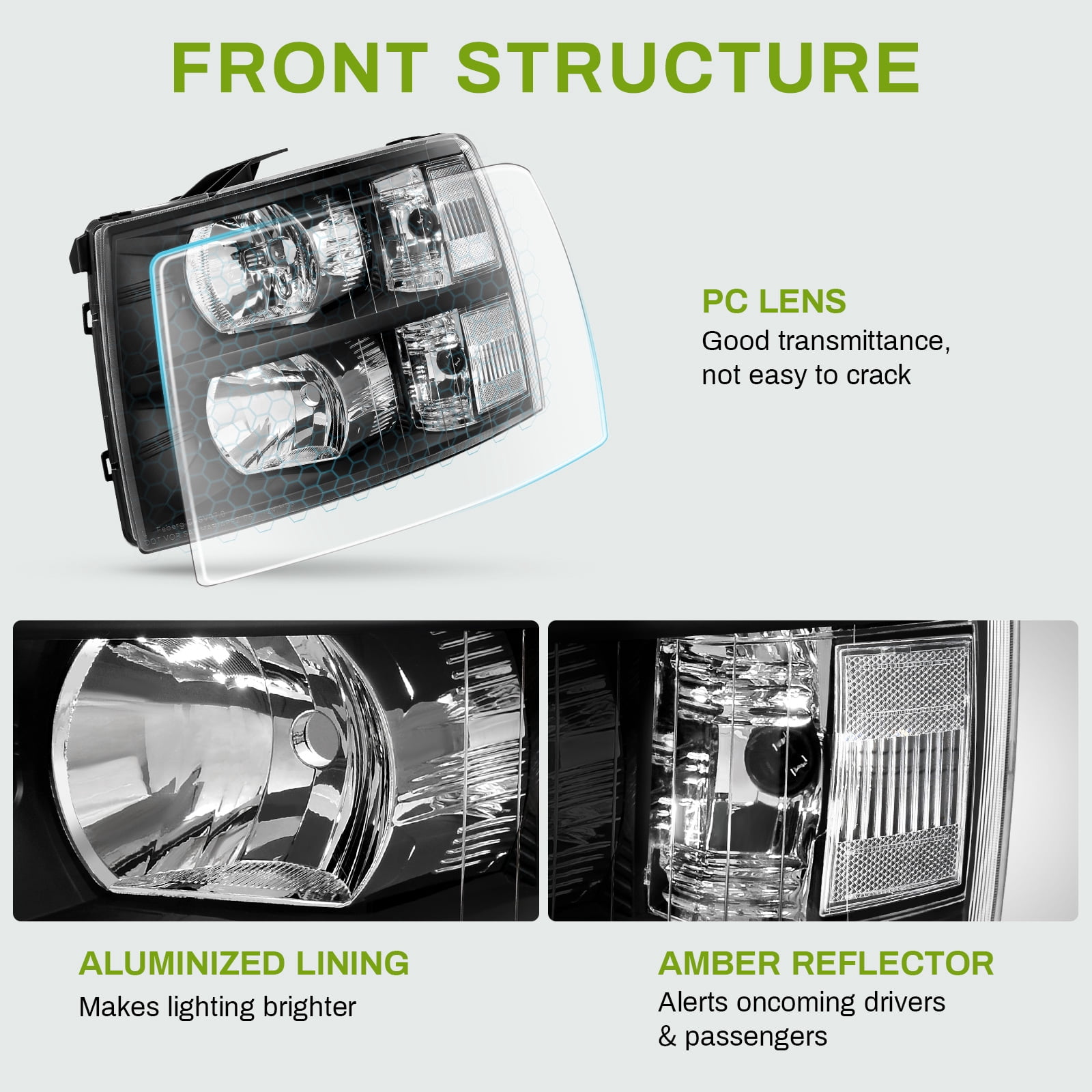 RVNI Headlights For 2007-2014 Chevy Silverado 1500 2500HD 3500HD Lamps OE Style Black