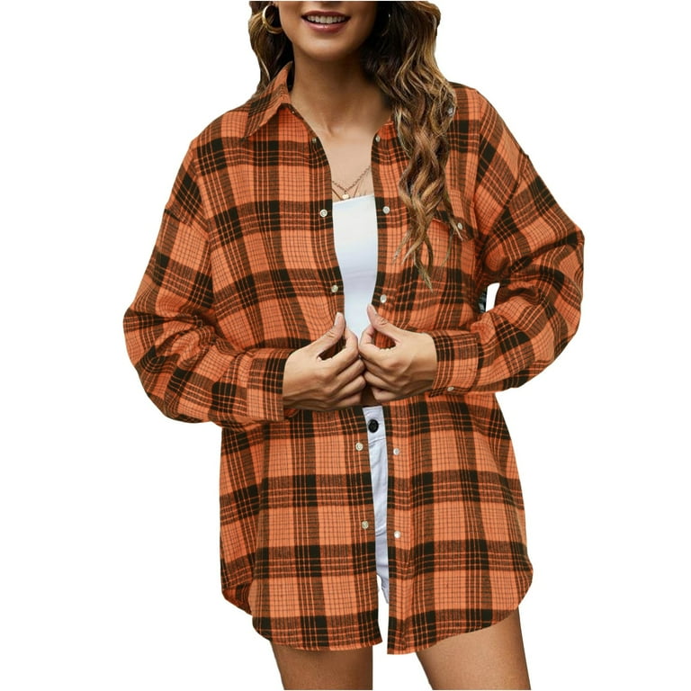 Hessimy Womens Flannel Shirts Long/Roll Up Sleeve Collared Button Down  Plaid Shirt Casual Work Tops(Orange,XL)