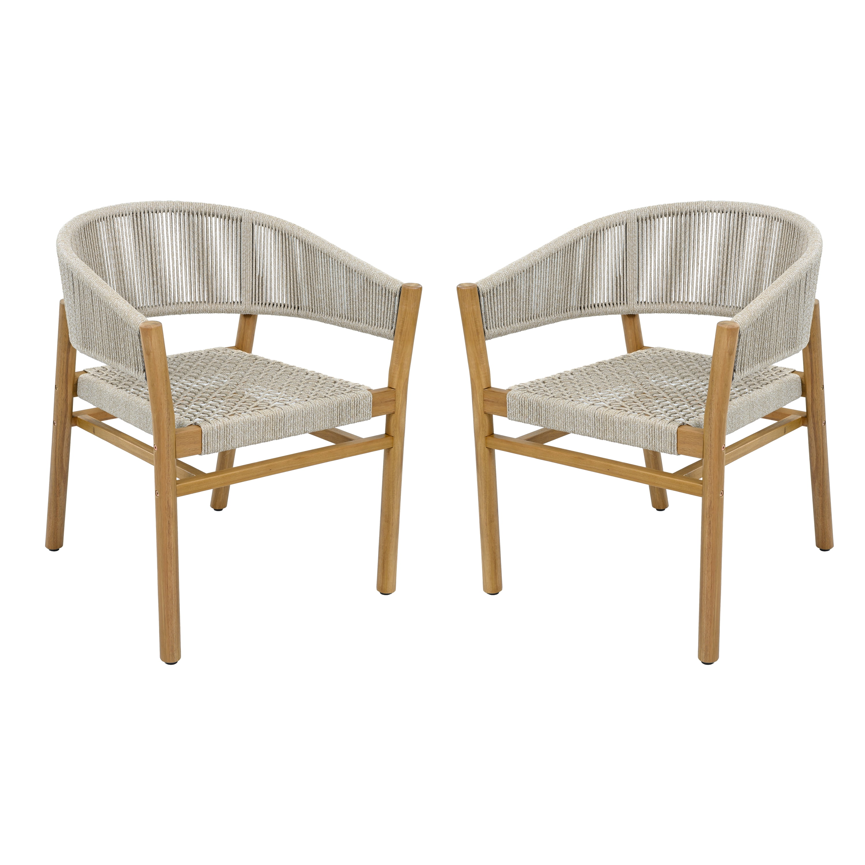 Rope Design Accent Chairs Set of 2, Outdoor Patio Seating Furniture, Teak Finish and Natural Rope