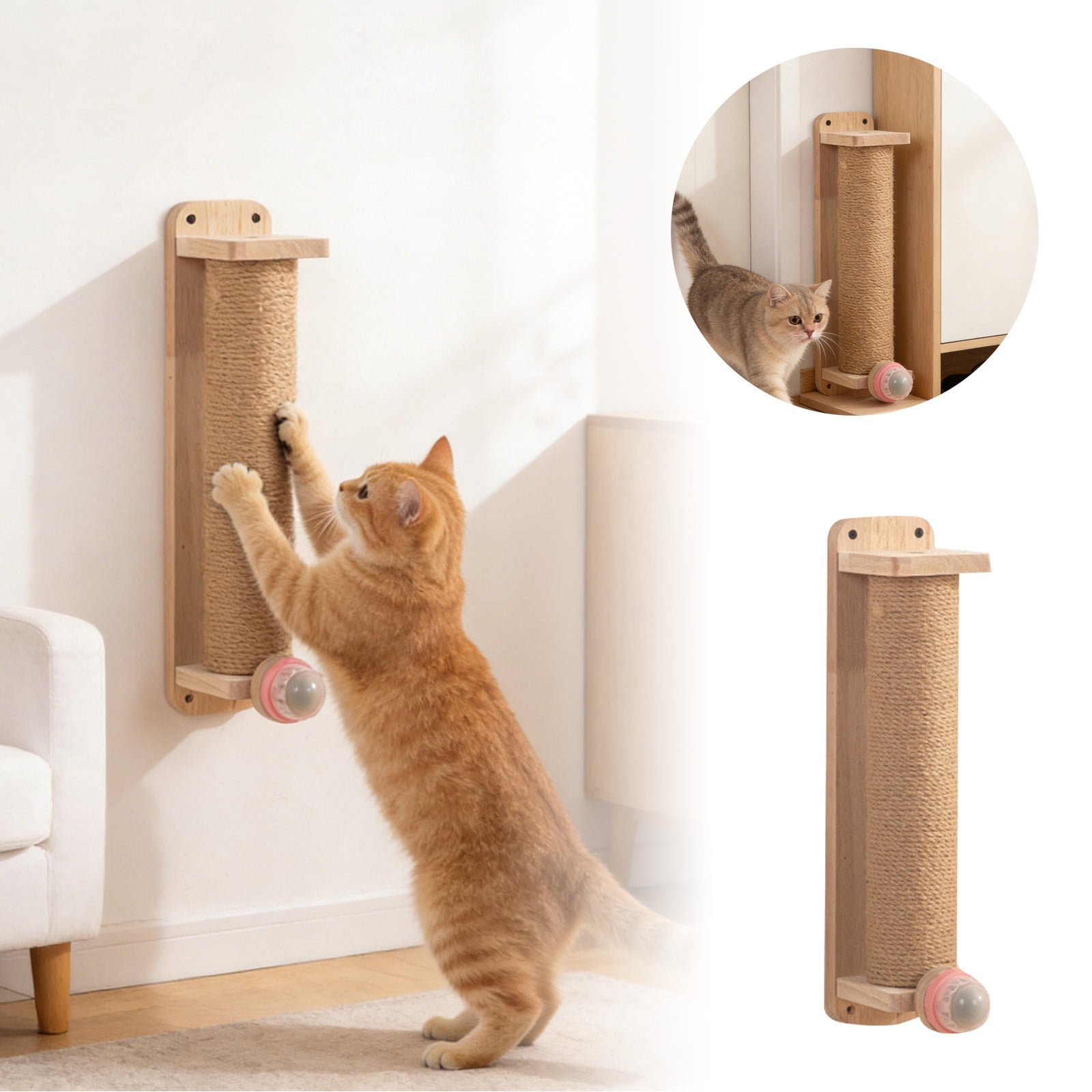 Thick Column Wall Mounted Cat Scratcher - 15.7 Inch Natural Sisal Scratching Post on Rubber Wood for Large Cats & Kittens, Furniture Protector & Climbing Activity Center