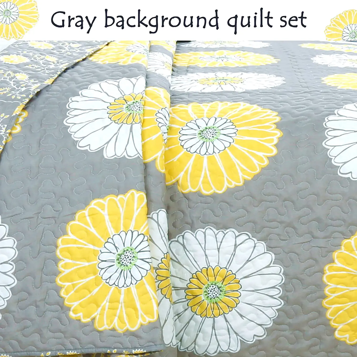 Cozy Line Home Fashions Brianna Floral Yellow/Gray 3-Piece Quilt Bedding Set, King