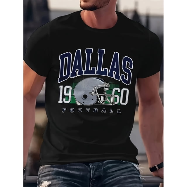 Men's Vintage Football Print T-Shirt - Casual Crew Neck, Short Sleeve, Polyester Blend, Machine Washable - Perfect for Summer Outdoor Activities