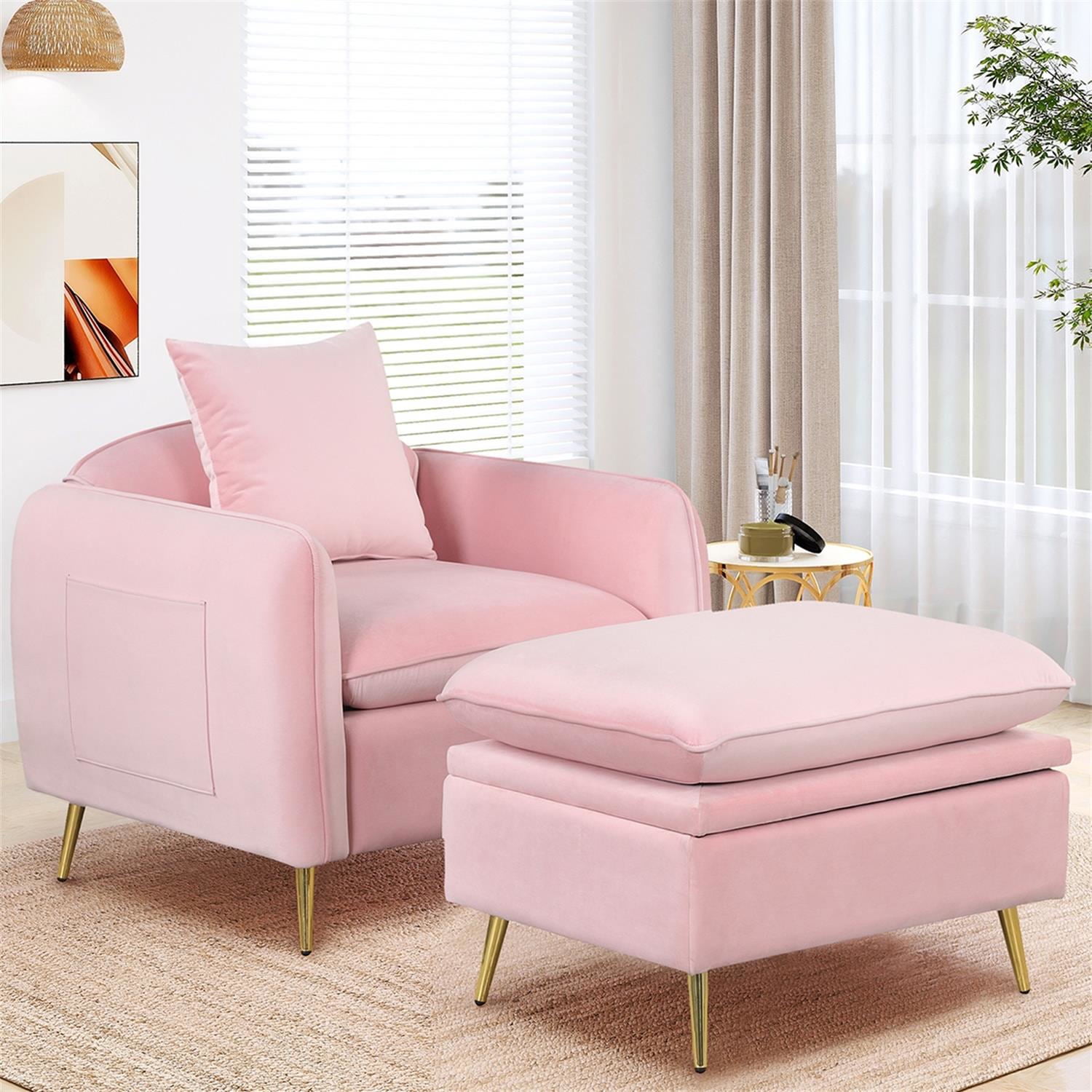 Kadyn 35.2" Modern Armchair, Single Sofa Chair with Ottoman Foot Rest and Pillow, Velvet Accent Chairs for Small Spaces Apartment Office, Pink Kadyn 35.2" Modern Armchair, Single Sofa Chair with Ottoman Foot Rest and Pillow, Velvet Accent Chairs for Small Spaces Apartment Office, Pink