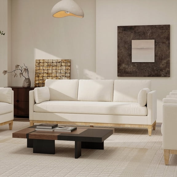 Modern 84" Sofa in French Beige Performance Velvet with Solid Rubber Wood Legs