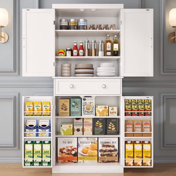72" Pantry Cabinets, Tall Kitchen Pantry Cabinet with Drawer and Adjustable Shelves, Buffet Cupboards Kitchen Pantry Storage Cabinet for Kitchen, Living Room, Dining Room Use (White-2)