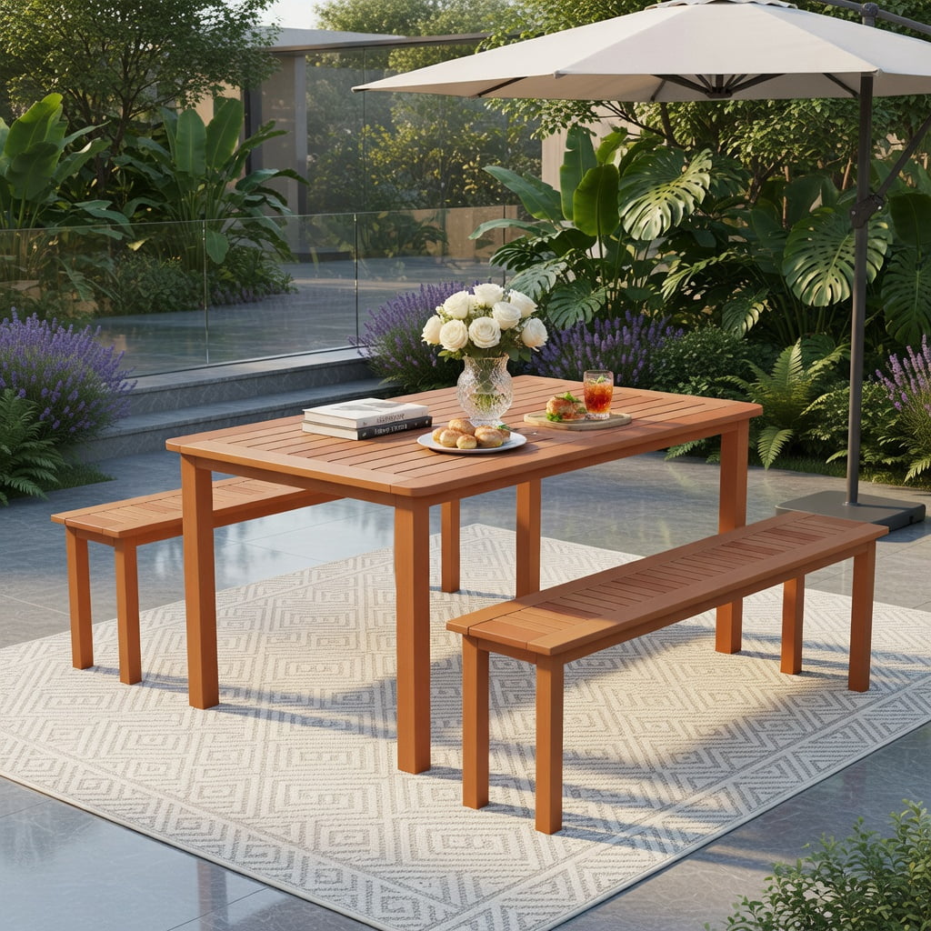 Hommoo 59" Outdoor Wooden Patio Bench, Backless Teak Oil Finished Solid Wood Bench for Porch, Deck, Balcony & Indoor Use, Natural