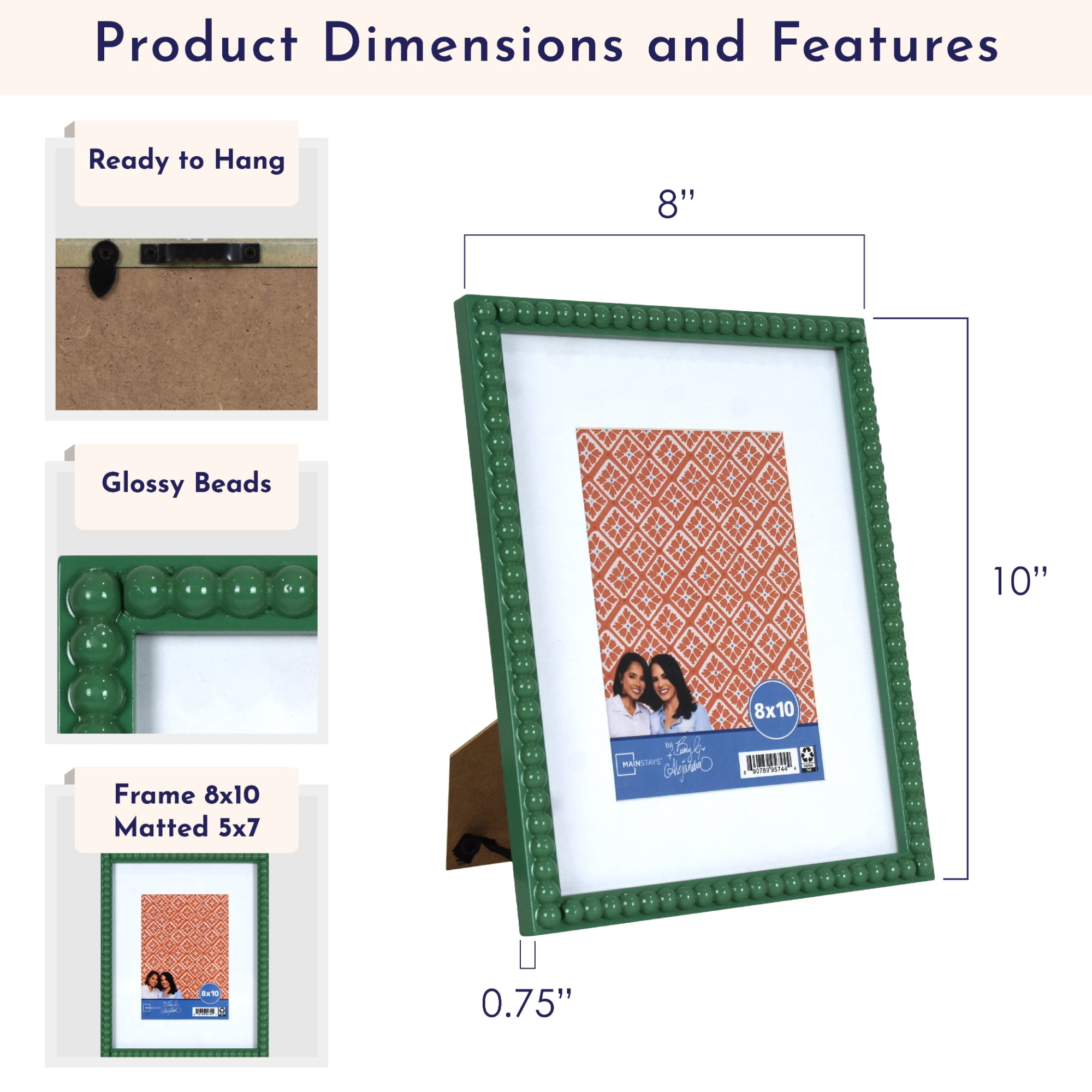 Mainstays by Becky G. & Alejandra Beaded Photo Frame, Green Lily, 5 in x 7 in with Mat or 8 in x 10 in