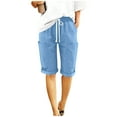 thumbnail image 3 of Hesxuno Women Bermuda Baggy Shorts Cotton Linen Knee Length Shorts Casual Rolled Shorts Drawstring Elastic Waist Summer Shorts with Big Front Pockets Light Blue S, 3 of 7