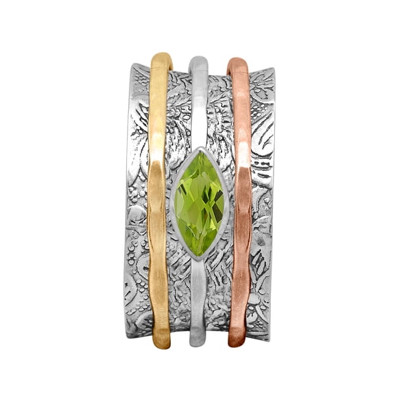 6X3 Marquise Peridot Triple Tone 925 Silver Meditation Unisex Spinner Ring