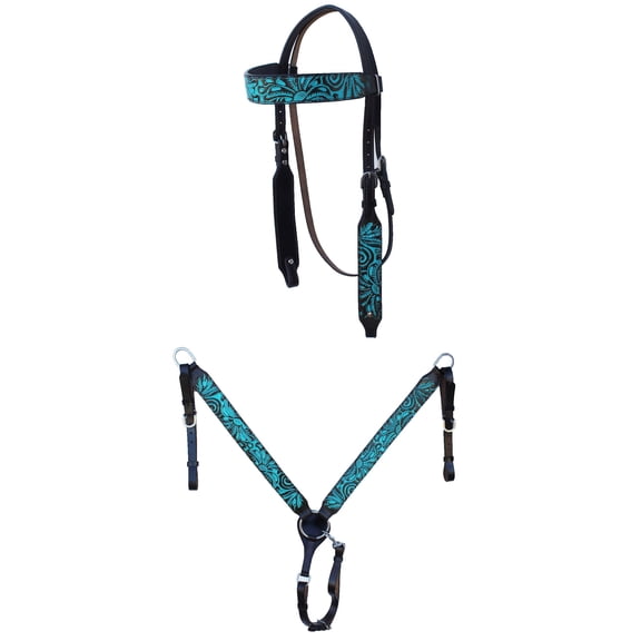 Horse Western Patina Floral Browband Bridle & Breast Collar Set Brown78FK03B