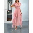 thumbnail image 5 of Women'S Casual Summer V Neck Flutter Ruffle Short Sleeve Irregular Hem High Waist Flowy Midi Dresses Pink S, 5 of 9