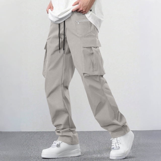 Ceisia Men's Solid Color Loose Cargo Pants with Multi Pockets & Drawstring Waist Beige M Gifts