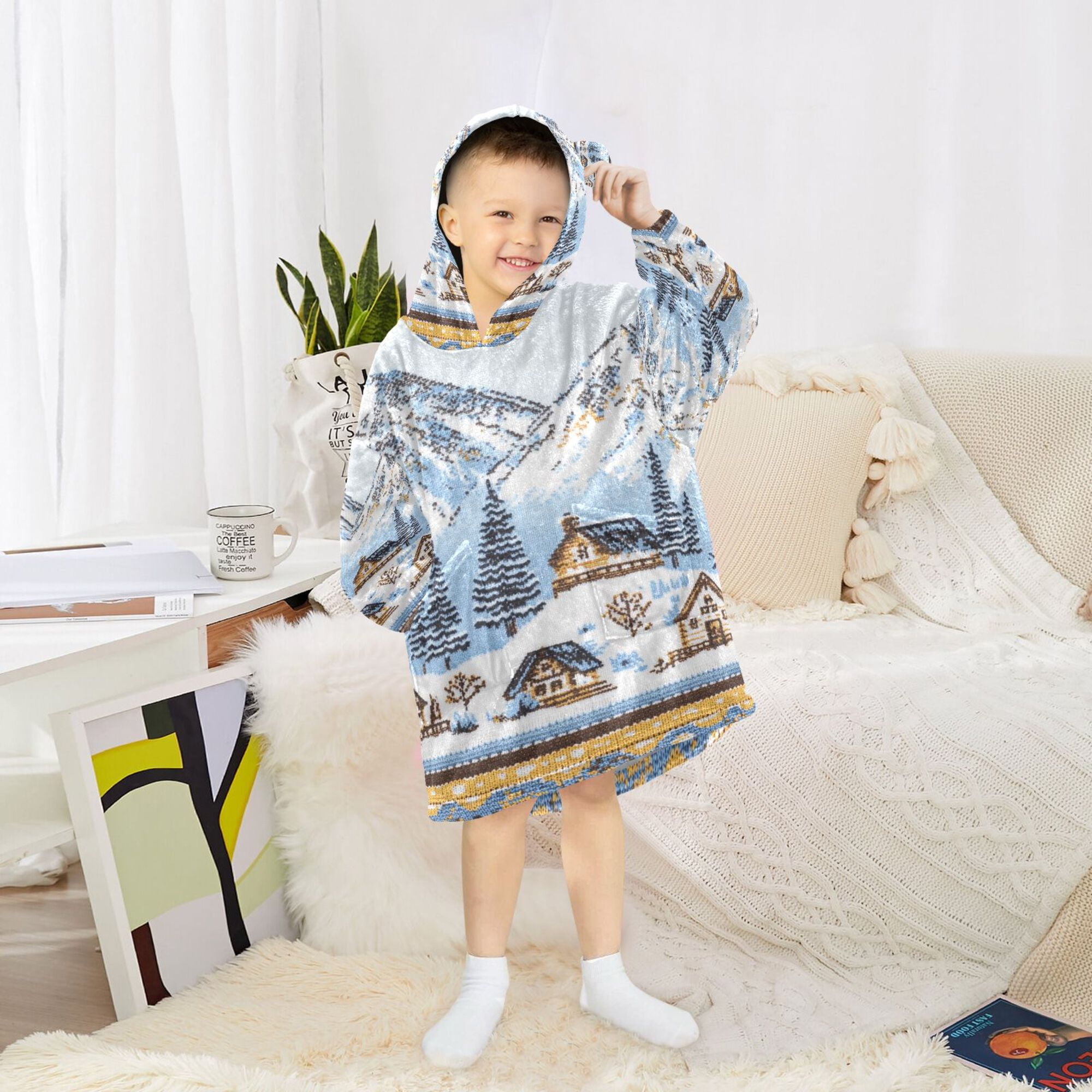 FORMRS Wearable Blanket Hoodie with Sleeves for Kids Cozy Flannel Sweatshirt, Winter Village