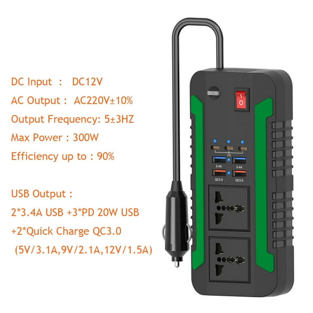 VONKY Car Inverter 300W Power with 7Port Type-C USB QC3.0 Fast Charging DC12V/24V To AC220V 1Set
