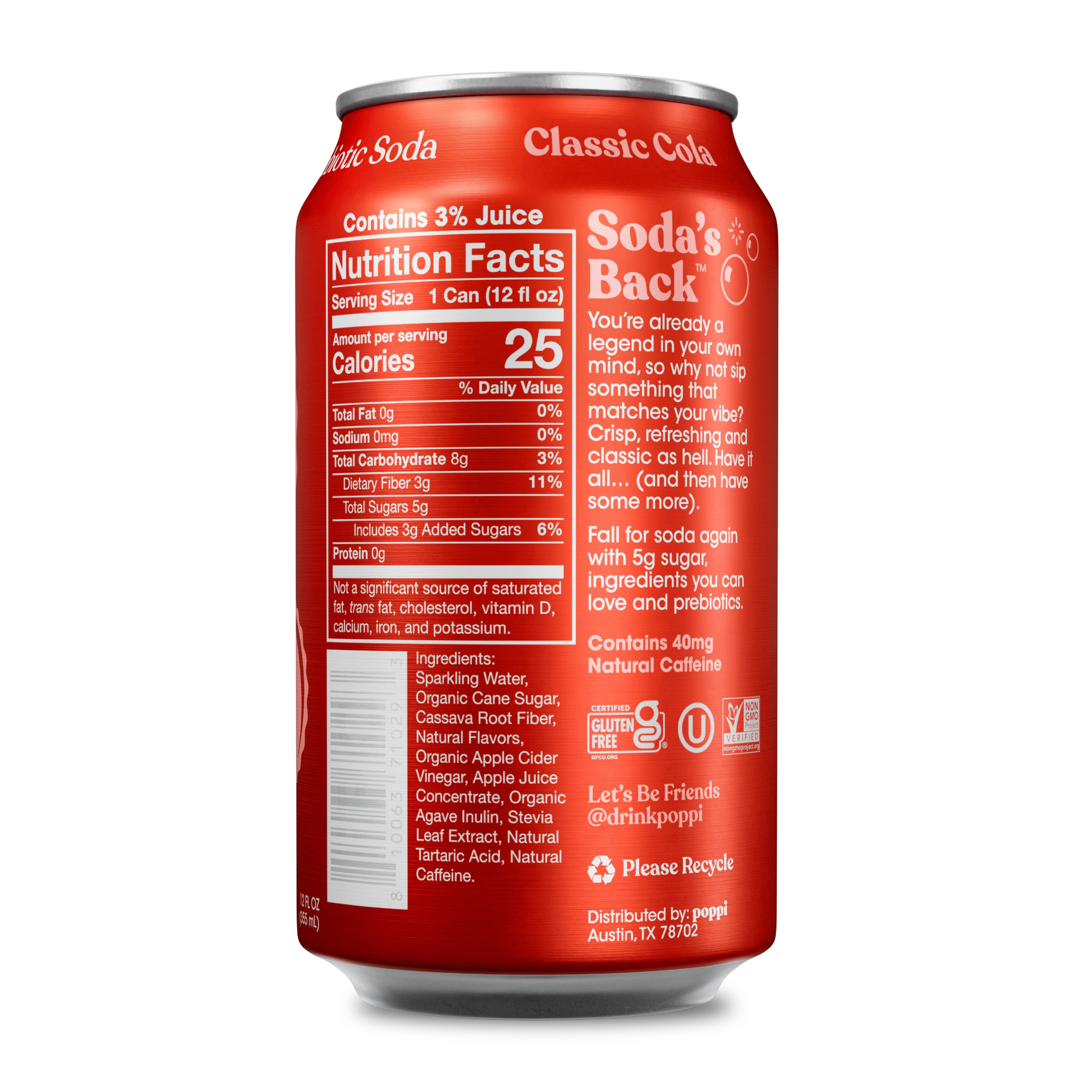 (12 pack) Poppi Classic Cola Prebiotic Soda, 12 oz, 12 Pack Cans