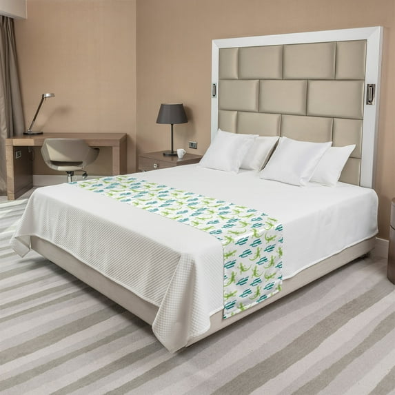 Exotic Bed Runner, Watercolor Pattern of Lizards and Cacti, Decorative Accent Bedding Scarf for Hotels Homes and Guestrooms, Queen, Sea Blue Lime Green, by Ambesonne