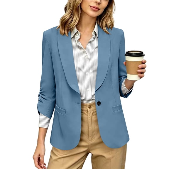 Women's Dress Blazer Jacket Ruched Sleeve Office Shawl Collar Jacket with Single Button Business Casual 3/4 Sleeve Suit Coat