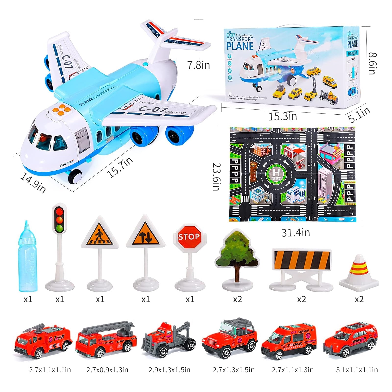 Ruvince Airplane Toys for Toddlers 3-5 , Large Transport Cargo Airplane with 6 Construction Vehicle 10 Road Signs 1 Play Mat, Airplane with Lights Sounds for Boys Age 3 4 5 6