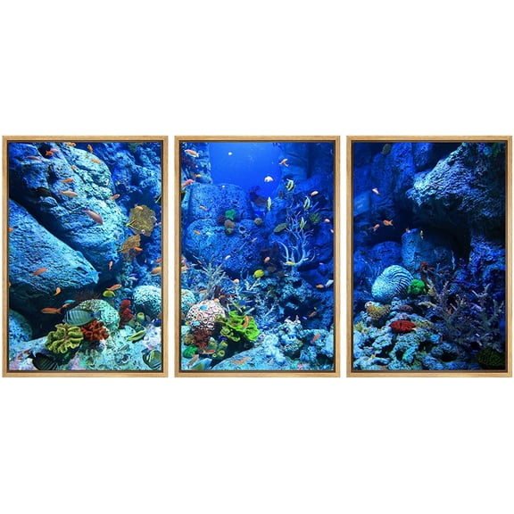 wall26 - 3 Piece Framed Canvas Wall Art - Underwater World - Modern Home Art Stretched and Framed Ready to Hang - 24"x36"x3 NATURAL