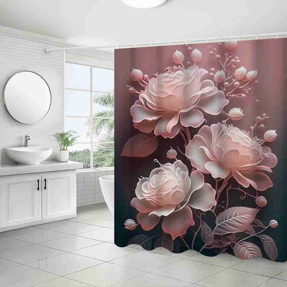 70x70 inch 3D Pink Rose Floral Shower Curtain, Waterproof Polyester Fabric with Hooks for Bathroom Decor