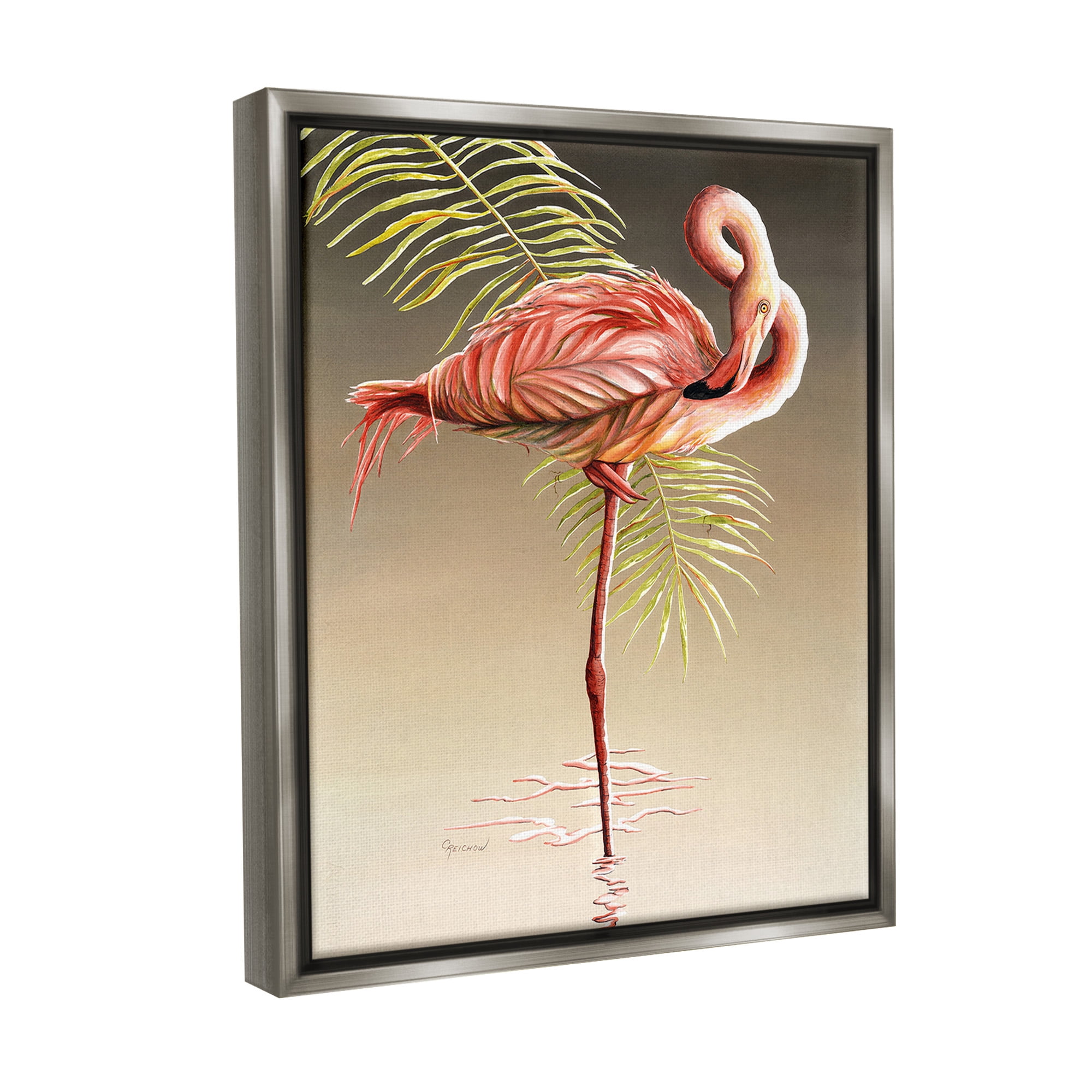 Stupell Industries Flamingo Twisting Gaze Animals & Insects Painting Gray Floater Framed Canvas Art Print Wall Art, 17 x 21