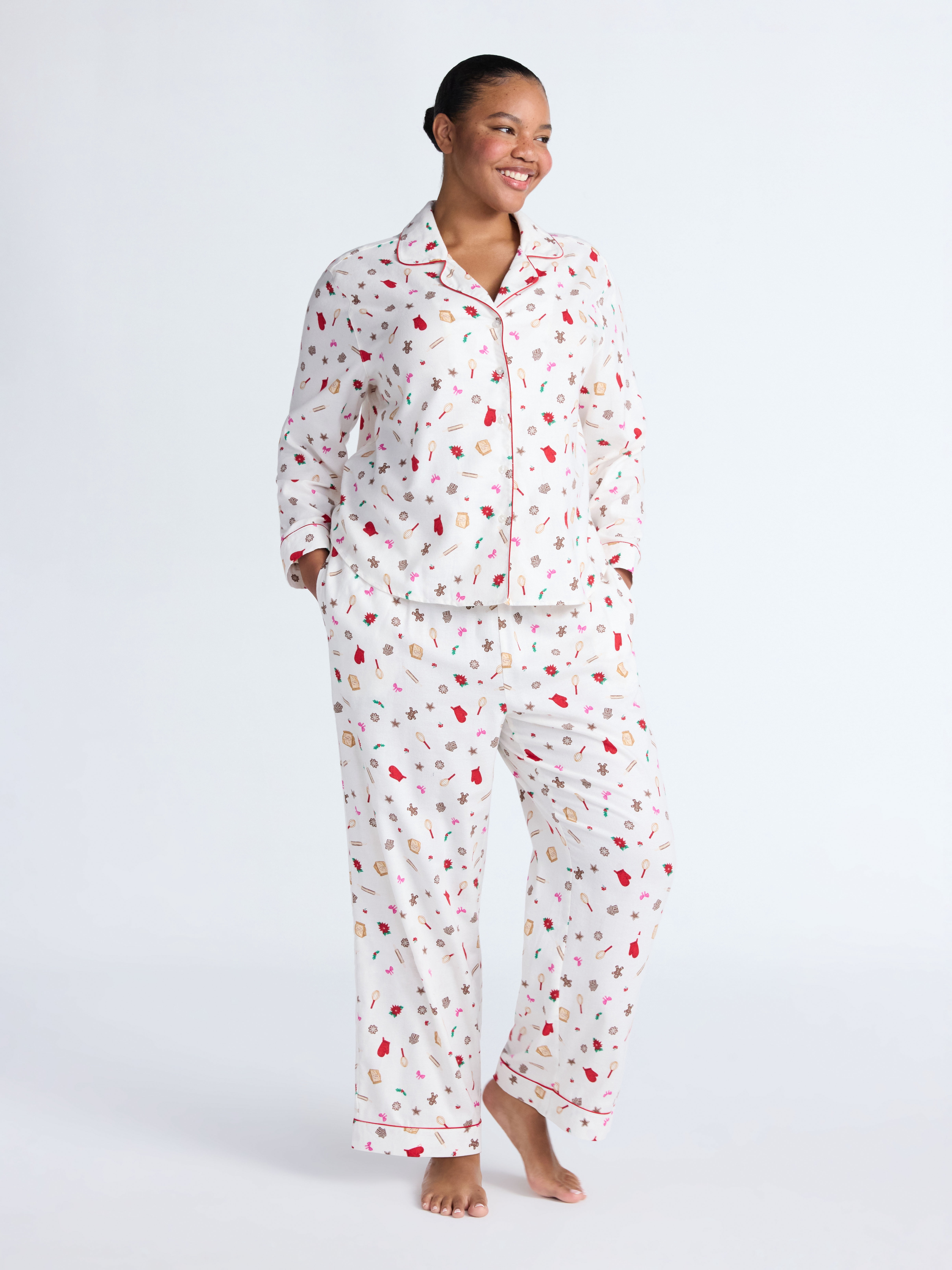 Joyspun Women's Long Sleeve Flannel Sleep Top and Pants Pajama Set, 2-Piece, Sizes XS-3X