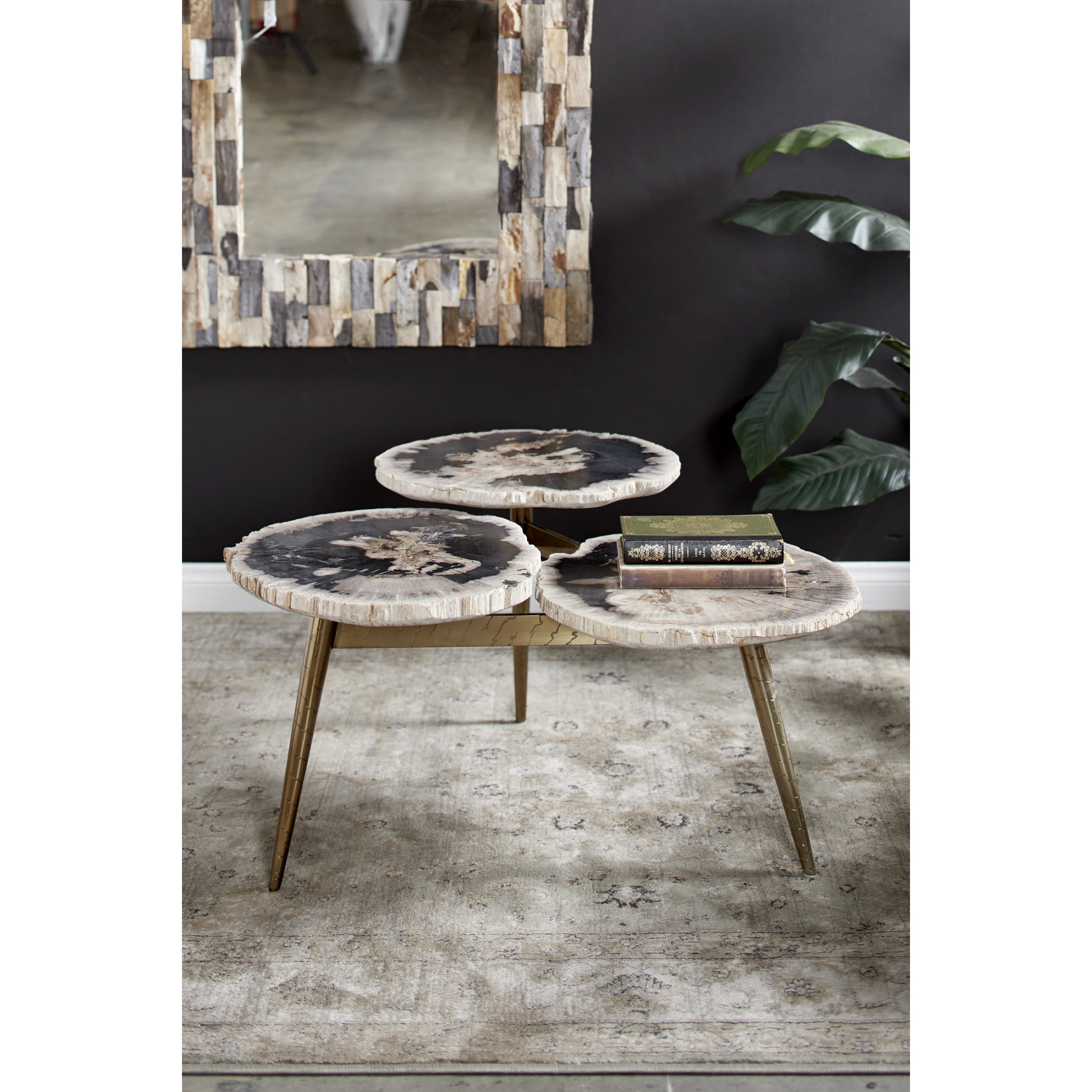 DecMode Rustic Petrified Stone Black Coffee Table, 36"W x 18"H