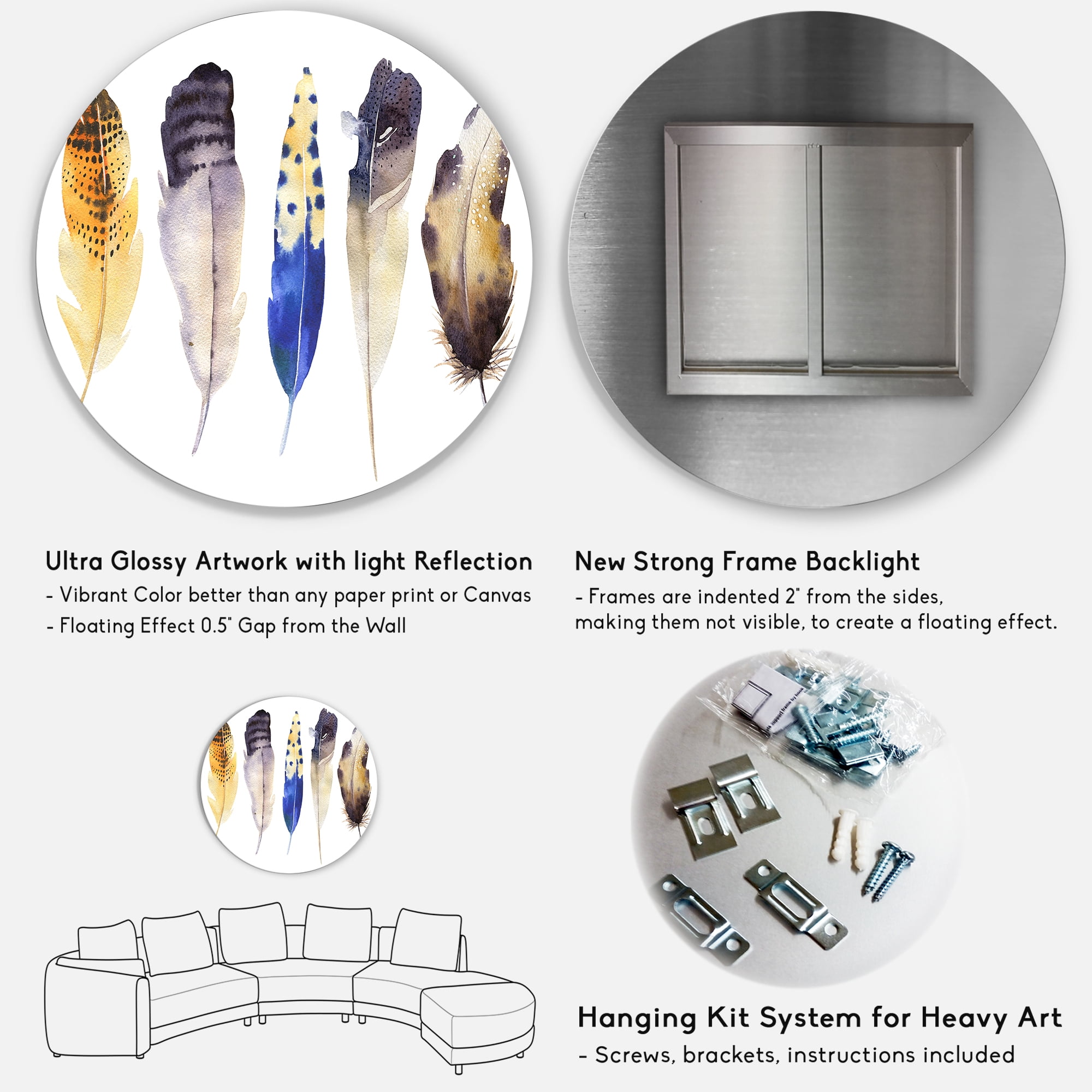 Designart 'Colourful Boho Art Feather Set I' Bohemian & Eclectic Circle Metal Wall Art 23x23 - Disc of 23