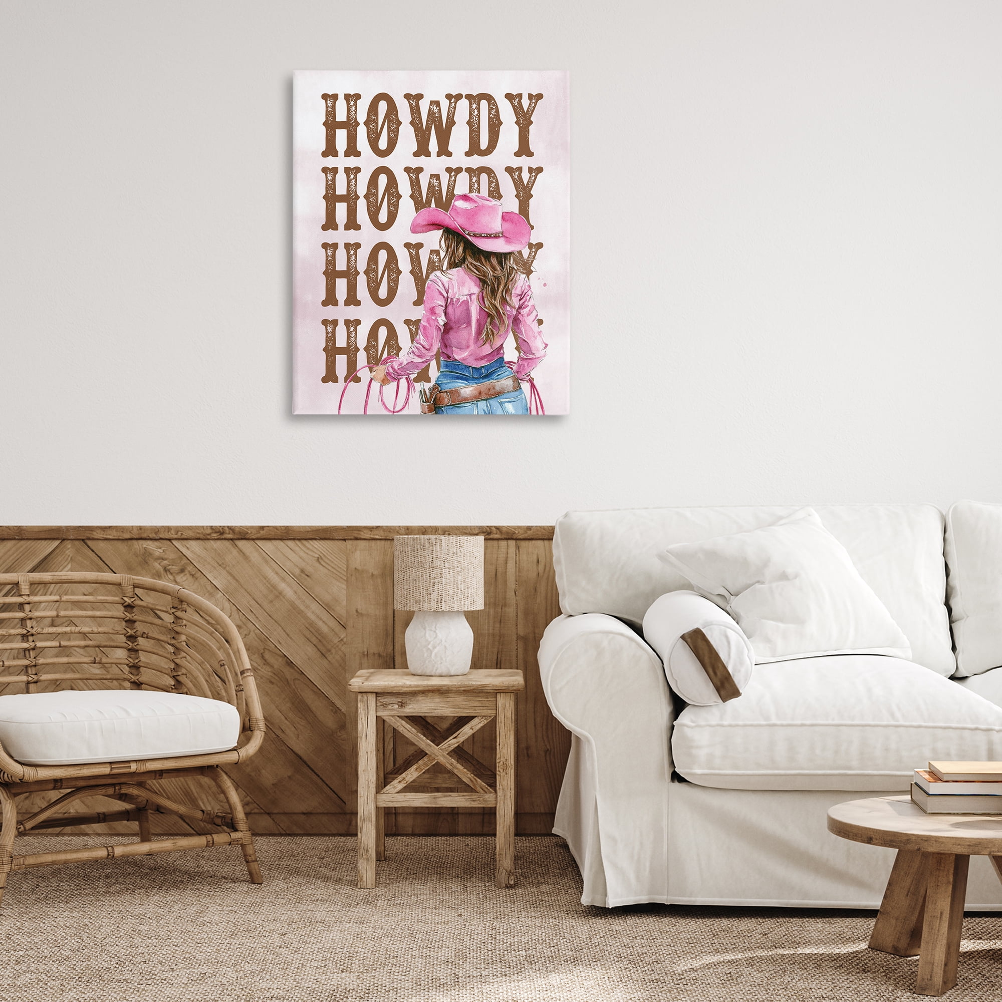 Stupell Industries Pink & Brown Howdy Cowgirl People Painting Wrapped Canvas Art Print Wall Art, 30 x 40