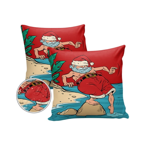 Pack of 2 Outdoor Pillow Covers, Summer Christmas Santa Claus Swimming Red Waterproof Square Throw Pillowcase Cushion Decorative Pillow Covers for Couch Patio Tent, 16x16 in