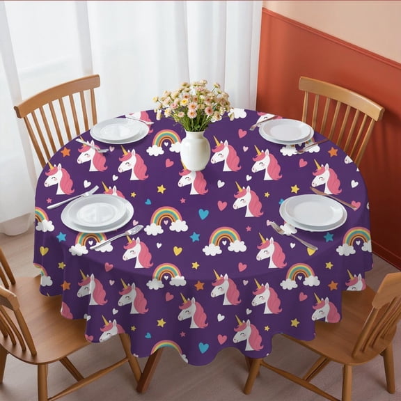 Unicorn and Heart Purple Pattern Round Tablecloth 70"x70", Wrinkle Resistant Wipeable Table Cover for Kitchen Dining Room Picnic Patio and Party