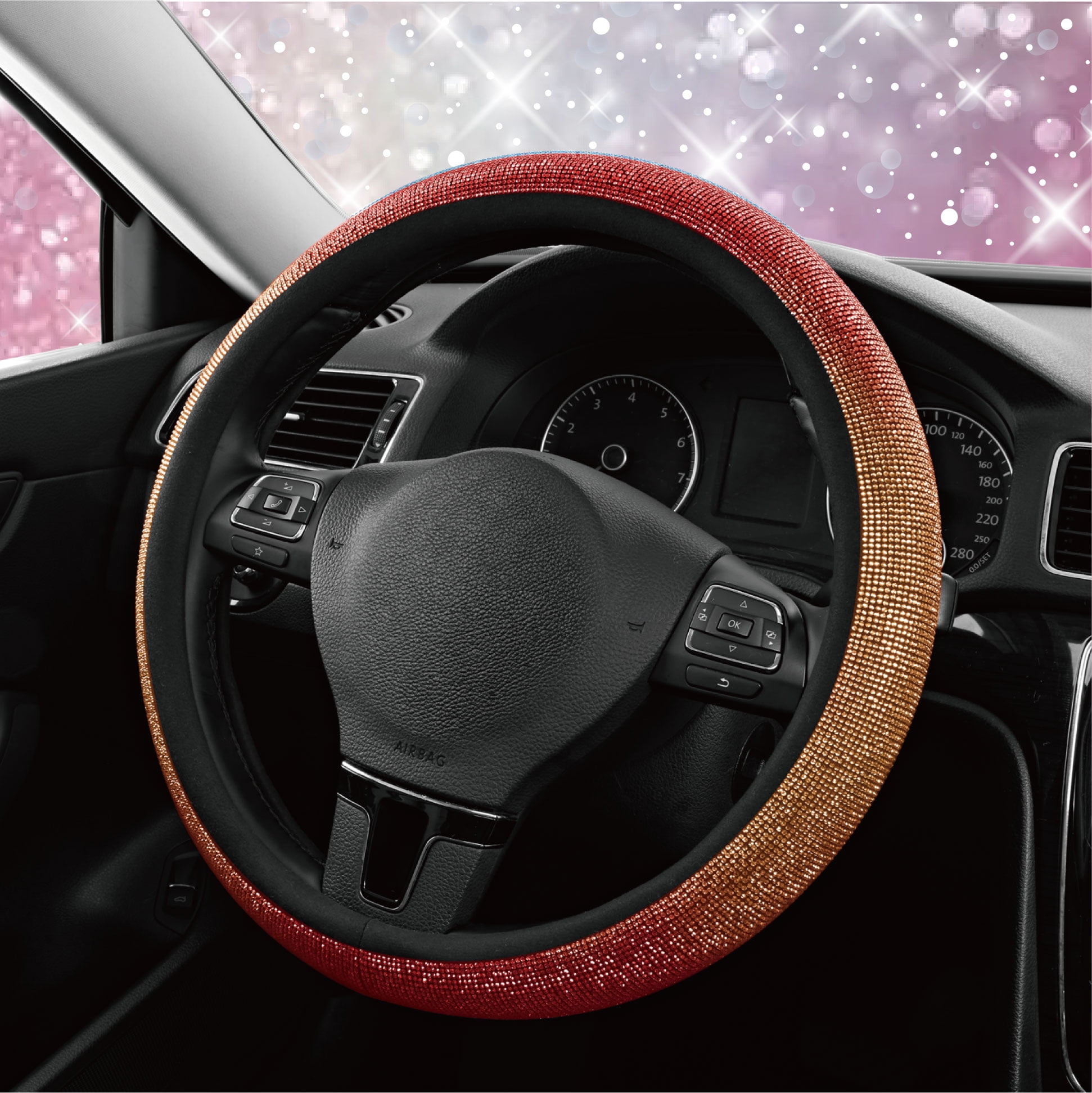 Auto Drive Bling Diamond Steering Wheel Cover, Sparkly Crystal Grip, Universal Fit for Cars,SUVs Orange Red