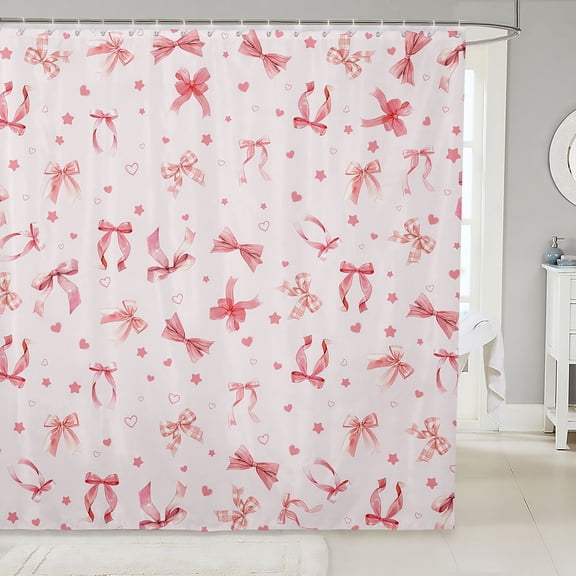 Manfei Watercolor Pink Bows Shower Curtain 72Wx72L,Cute Heart Stars Bathroom Curtain