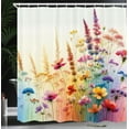 thumbnail image 6 of Ambesonne Floral Shower Curtain, Delicate Meadow Branches and Flowers on Soft Colors Spring Joy Concept, Cloth Fabric Bathroom Decor Set with Hooks, 69" W x 70" L, Mustard Blue and Purple, 6 of 10