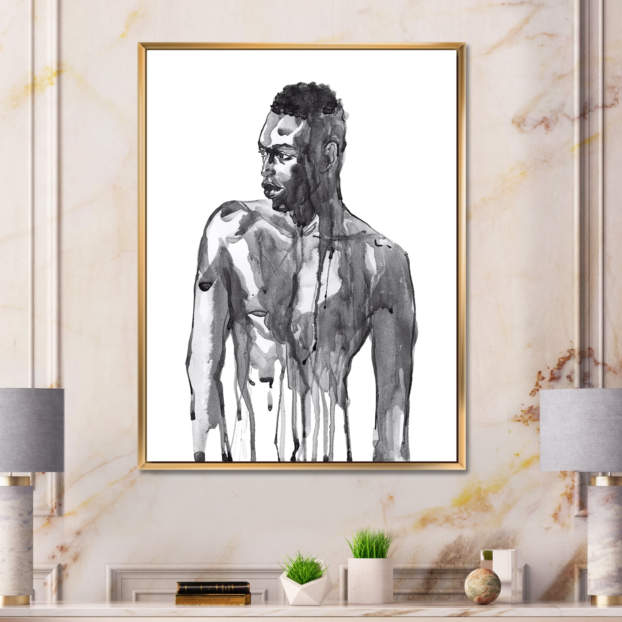 Designart 'Portrait of Handsome African Man On White I' Modern Framed Canvas Wall Art Print